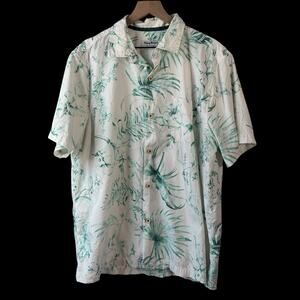 Tommy Bahama Mens Hawaiian Shirt Green Large Silk Camp Aloha Floral Button Up